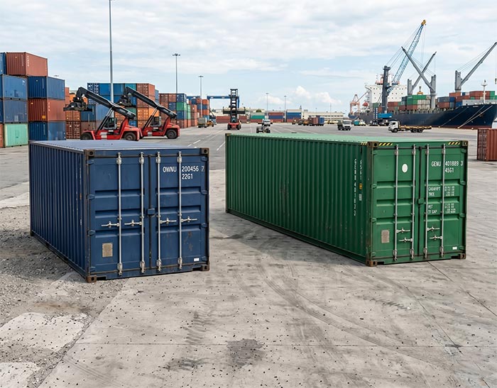 Standard dry shipping containers at a port
